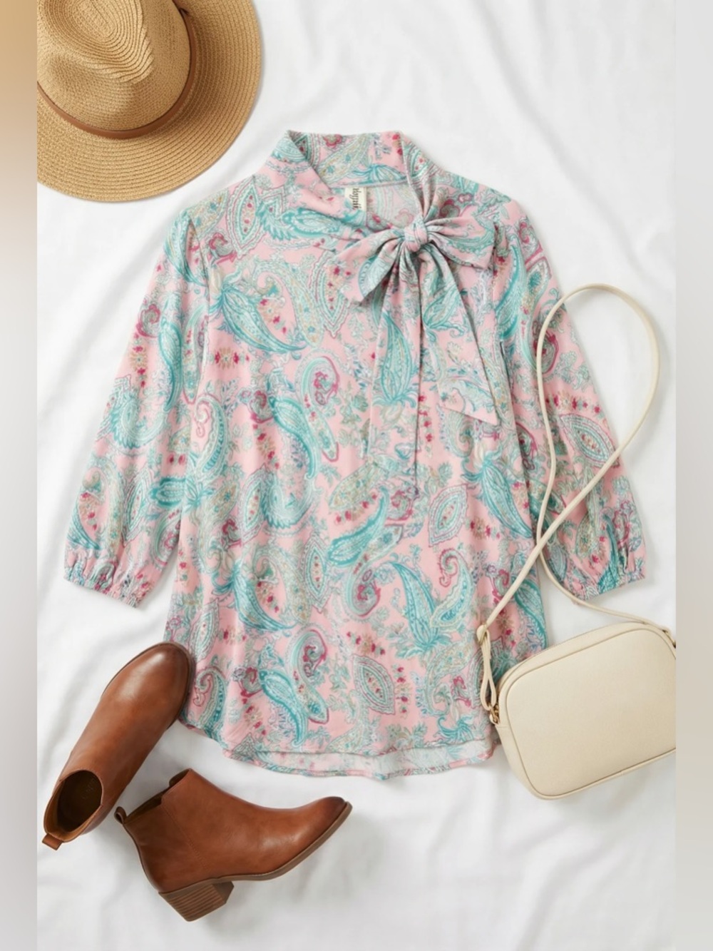 132 Haptics Pink Paisley Print Retro Neck Tie Top